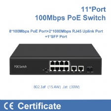 8 Ports 100Mbps PoE Ethernet Switch Switcher 2 ports 1000Mbps uplink 1 port SFP Port with CE Certificate